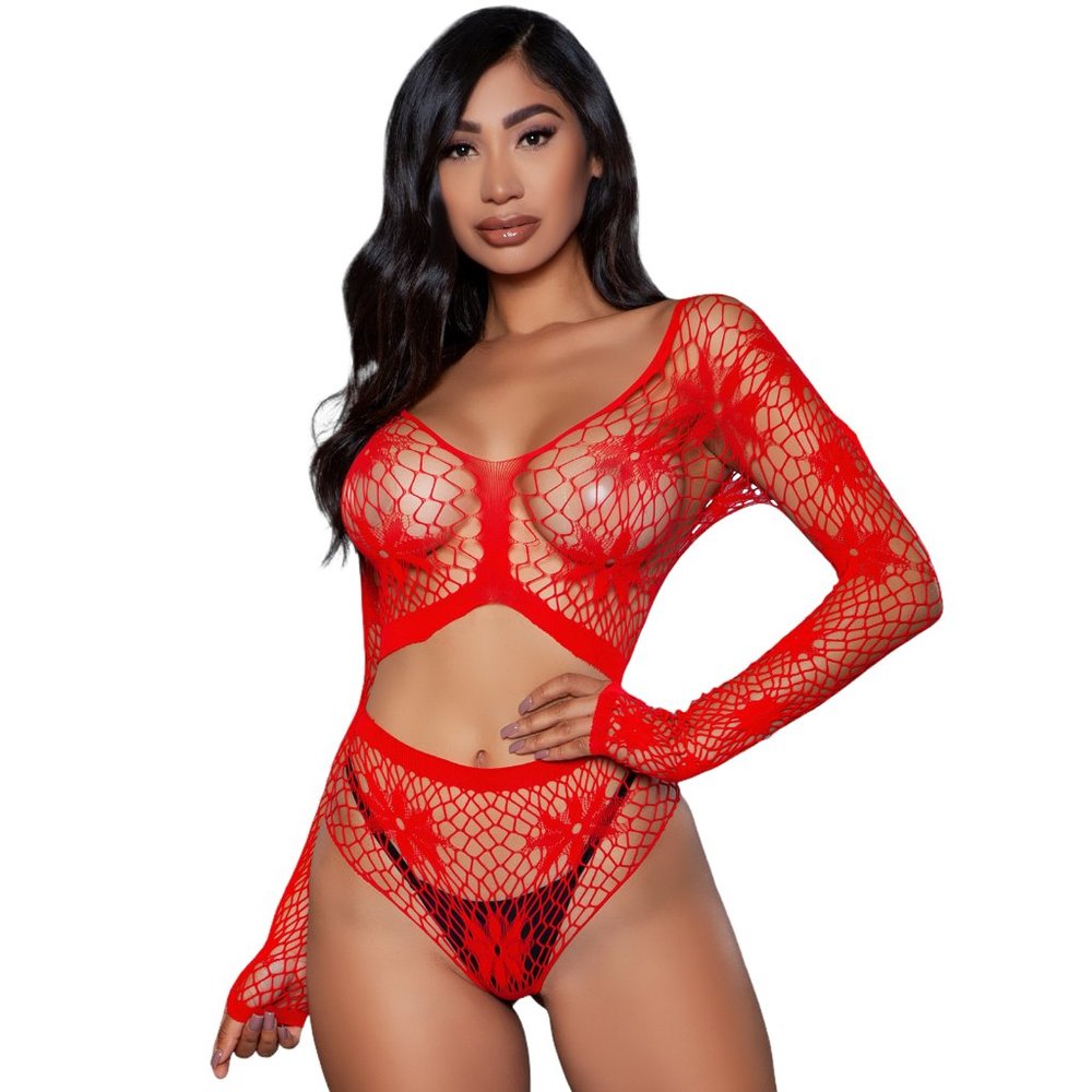 Wide Net Floral Cami Crop Top and Booty Shorts Set Red